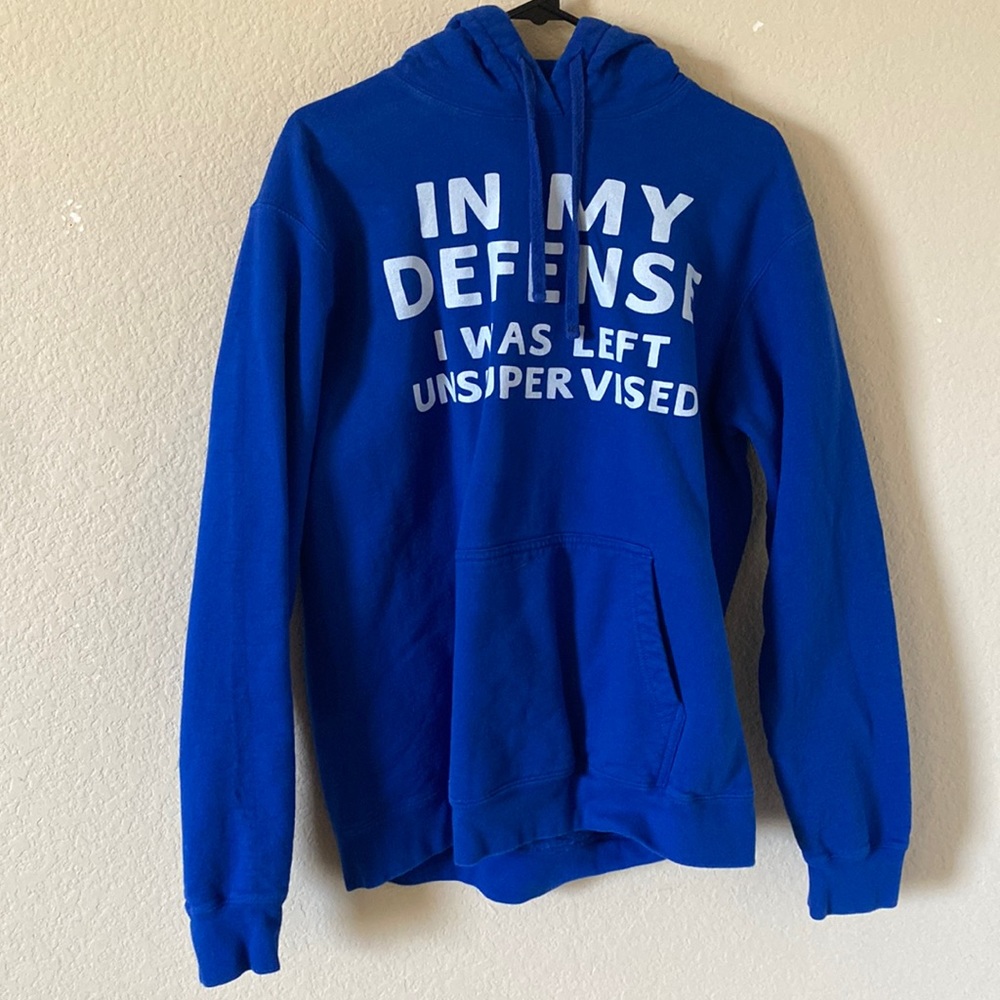 Large Blue Hoodie, with funny graphic